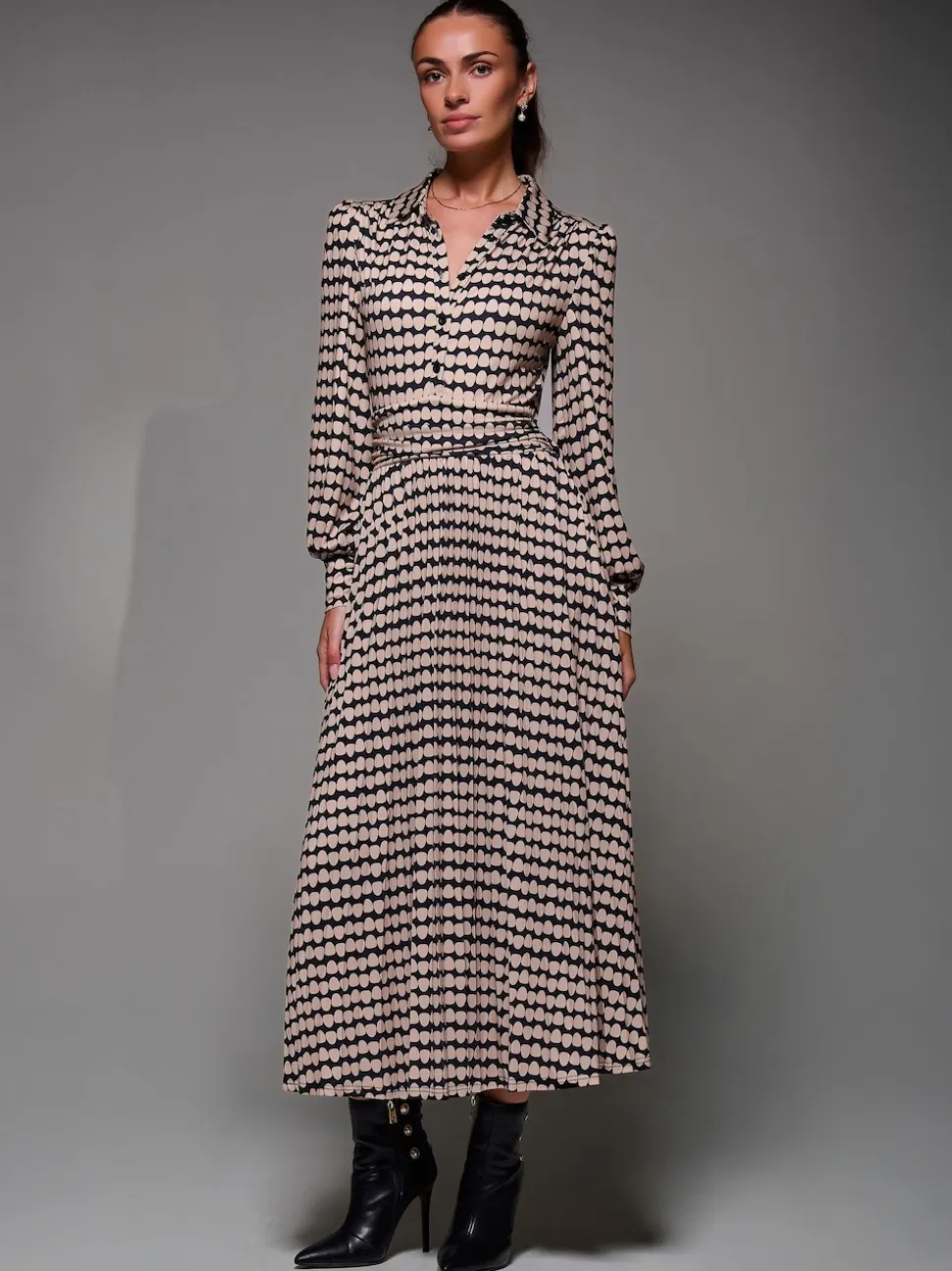 Jolie Moi Black Long Sleeve Pleated Jersey Maxi Dress