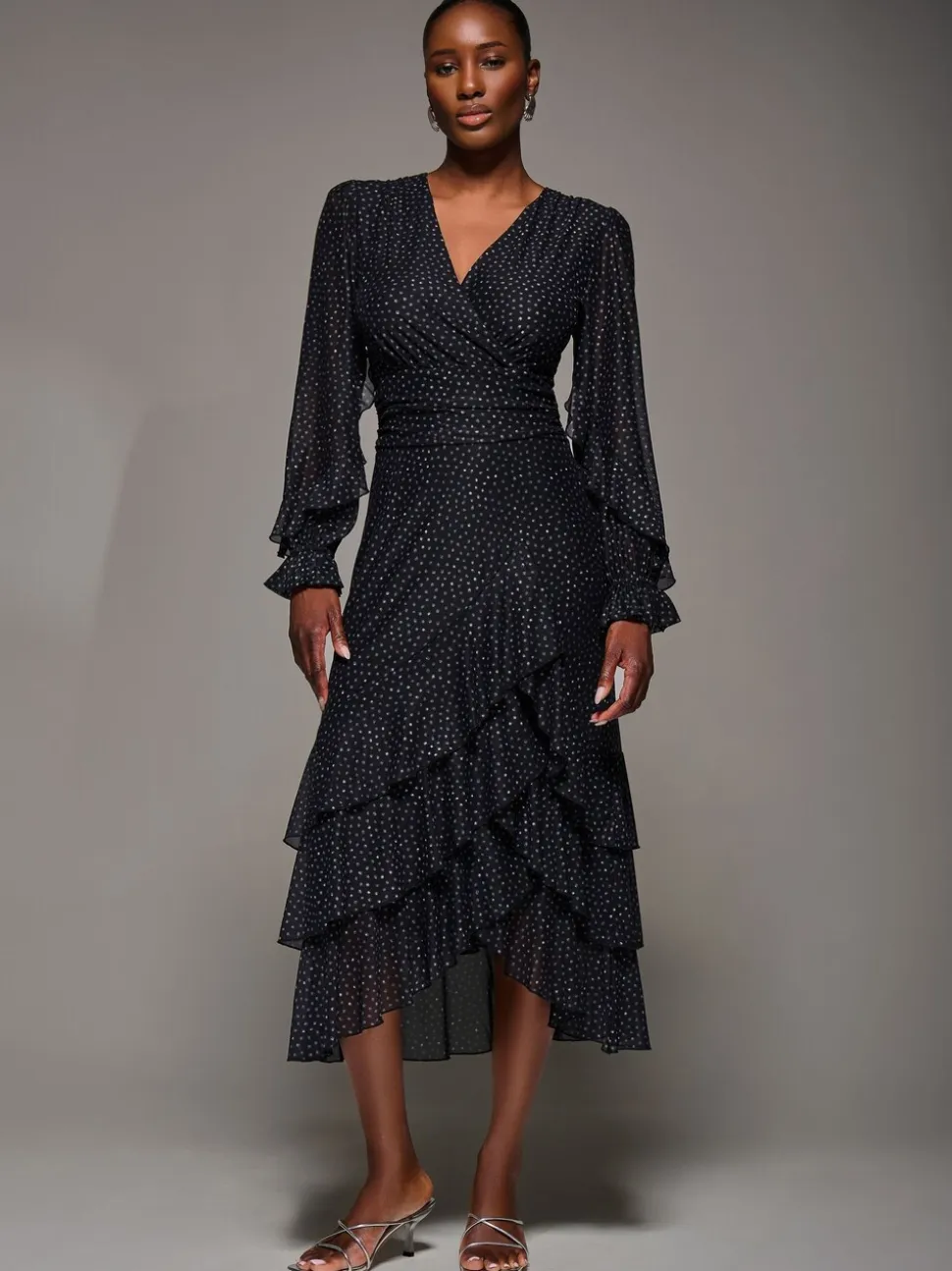 Jolie Moi Black Long Sleeve Frill Detail Mesh Maxi Dress