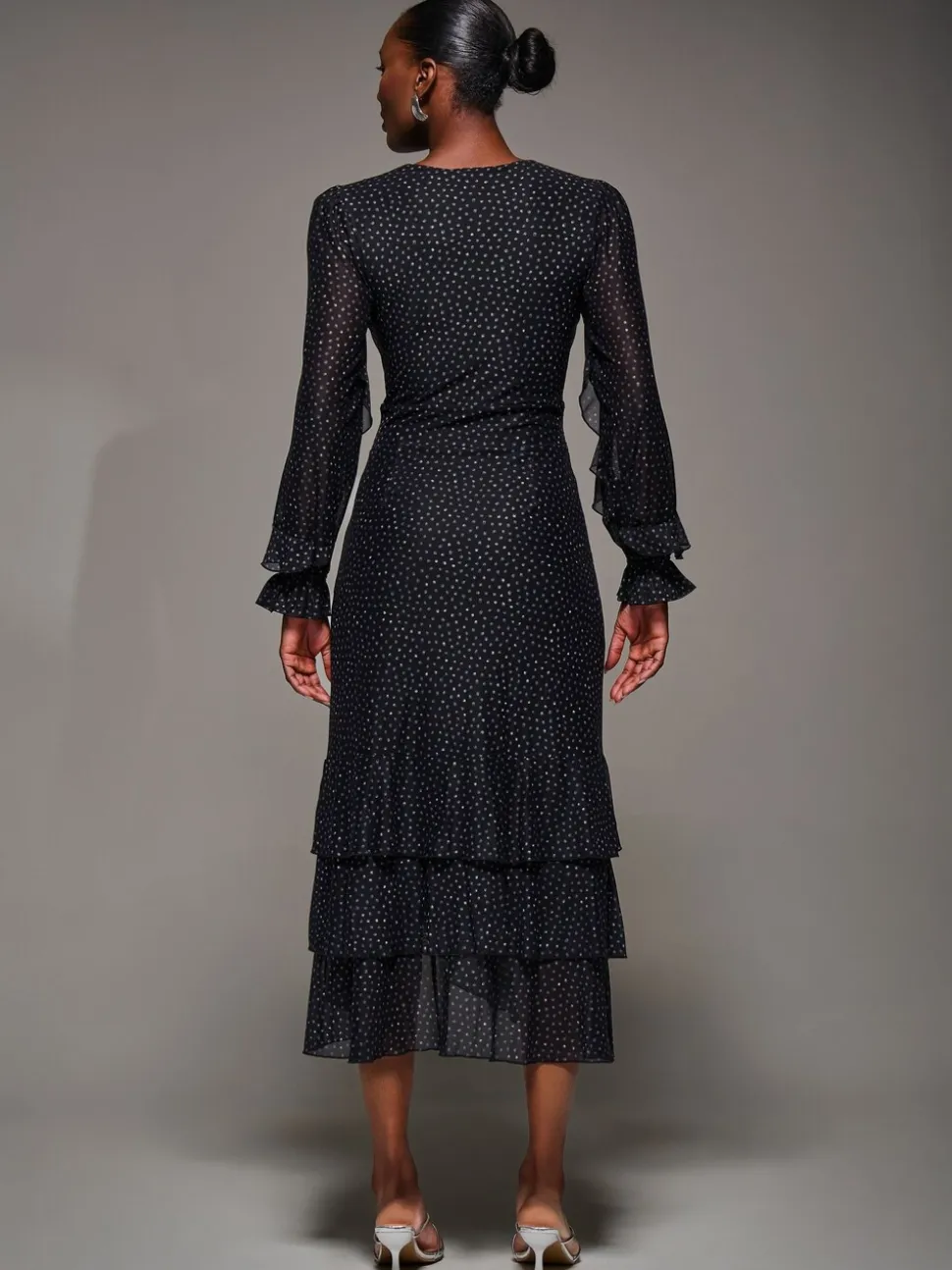 Jolie Moi Black Long Sleeve Frill Detail Mesh Maxi Dress