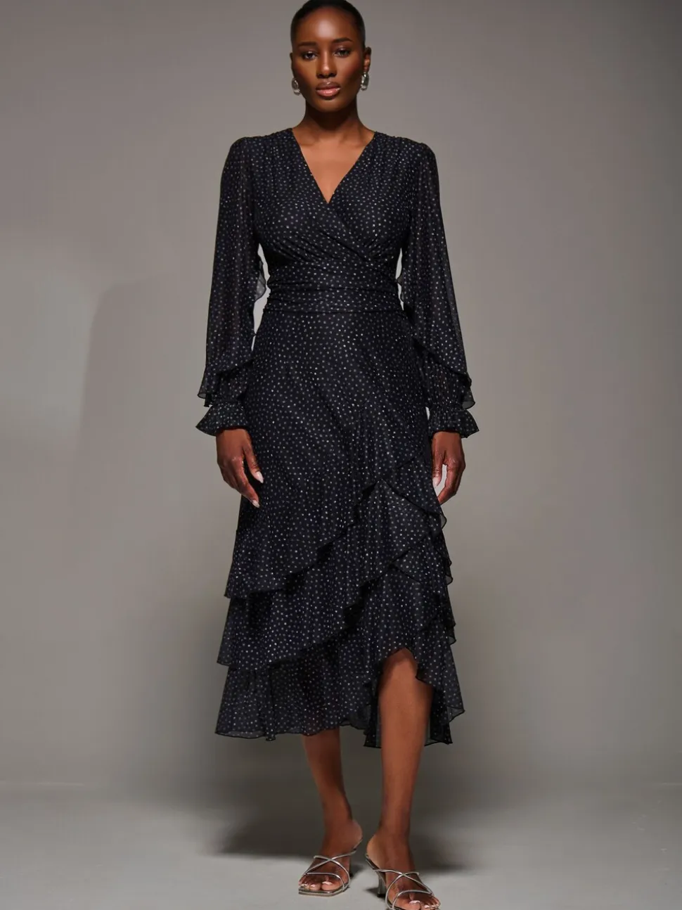 Jolie Moi Black Long Sleeve Frill Detail Mesh Maxi Dress