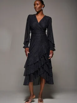 Jolie Moi Black Long Sleeve Frill Detail Mesh Maxi Dress