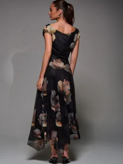 Jolie Moi Black Mesh Asymmetrical Draped Maxi Dress