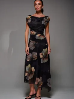 Jolie Moi Black Mesh Asymmetrical Draped Maxi Dress