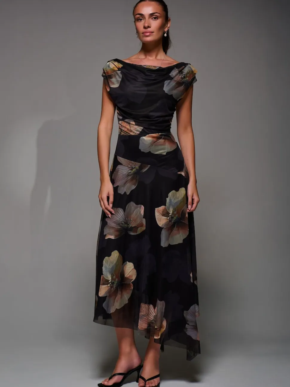 Jolie Moi Black Mesh Asymmetrical Draped Maxi Dress