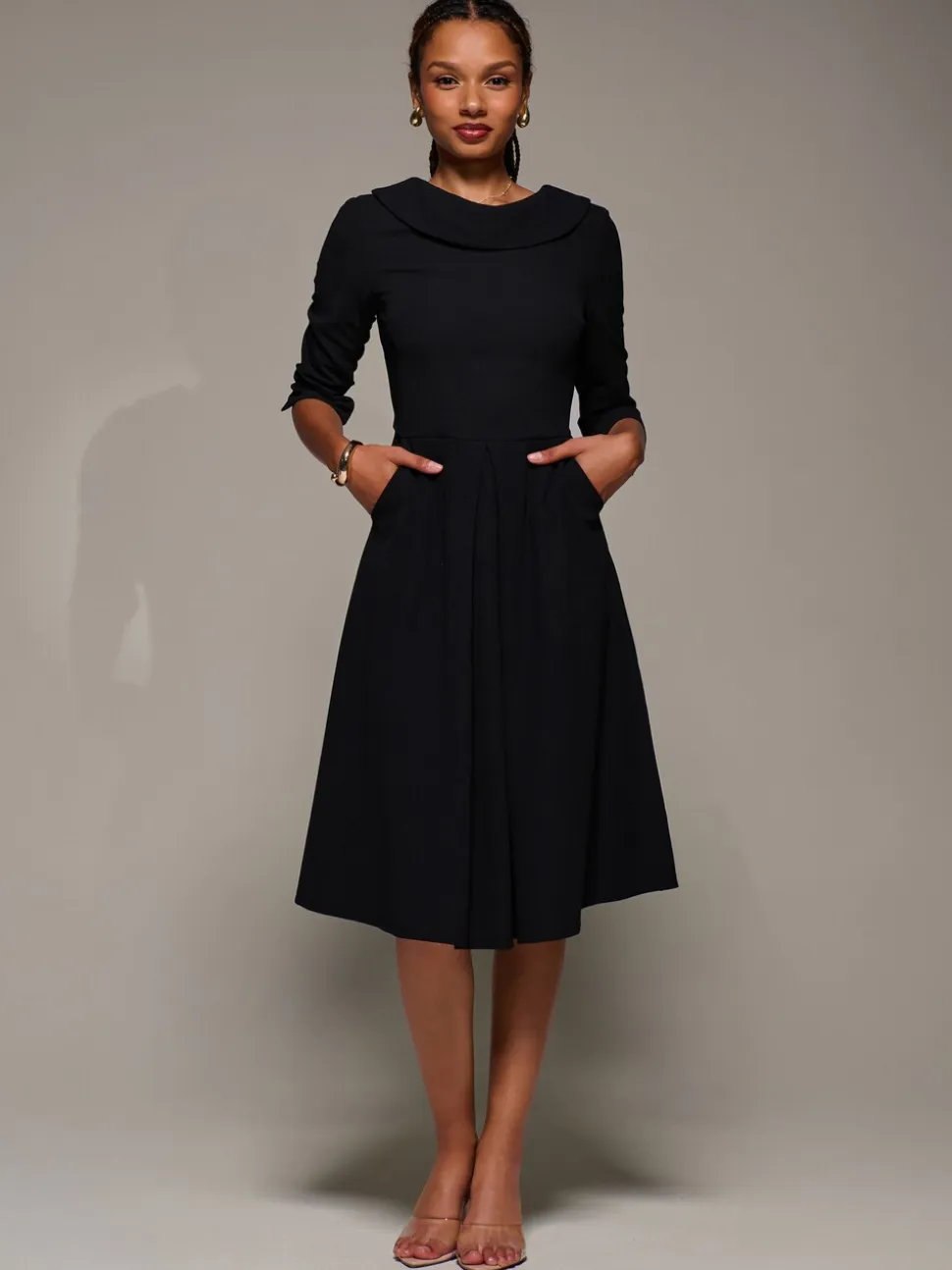Jolie Moi Black Roll Neck Fit & Flare Midi Dress