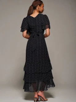 Jolie Moi Black Ruffle Detail Chiffon Midaxi Dress