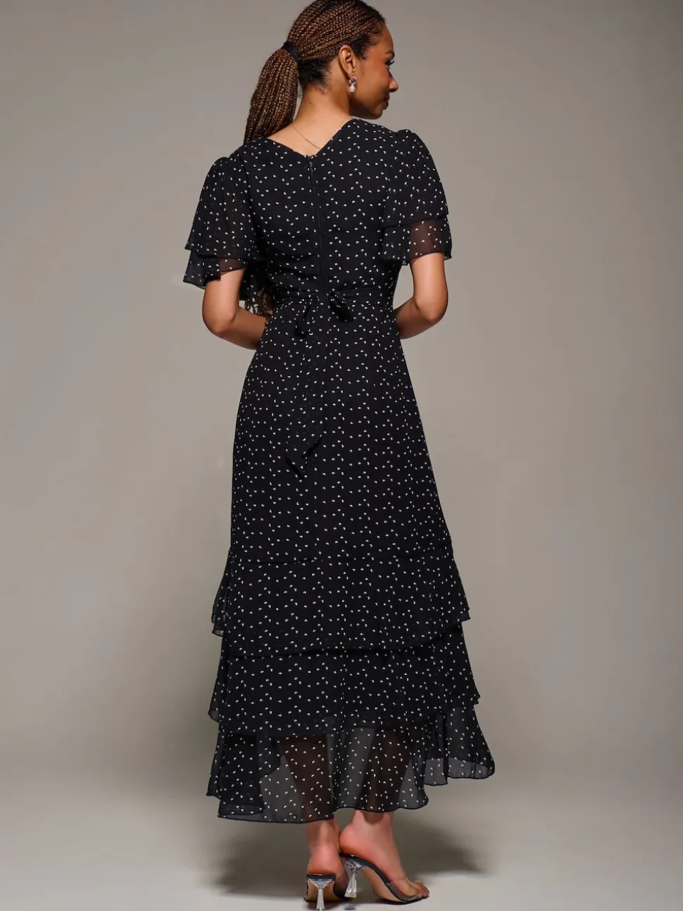 Jolie Moi Black Ruffle Detail Chiffon Midaxi Dress