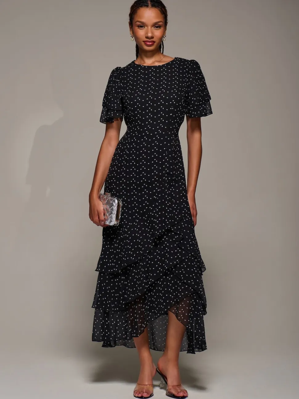 Jolie Moi Black Ruffle Detail Chiffon Midaxi Dress