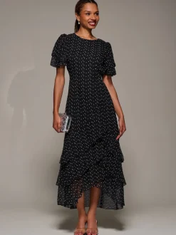 Jolie Moi Black Ruffle Detail Chiffon Midaxi Dress
