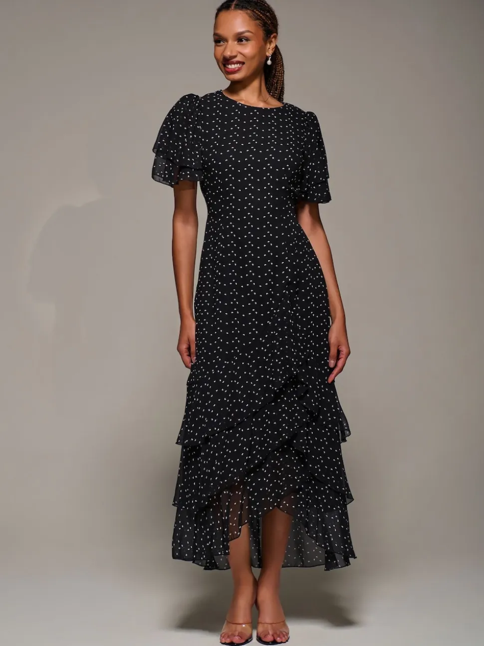 Jolie Moi Black Ruffle Detail Chiffon Midaxi Dress