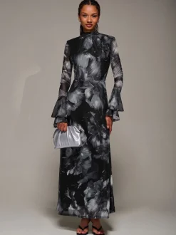 Jolie Moi Black Ruffle Long Sleeve Mesh Maxi Dress