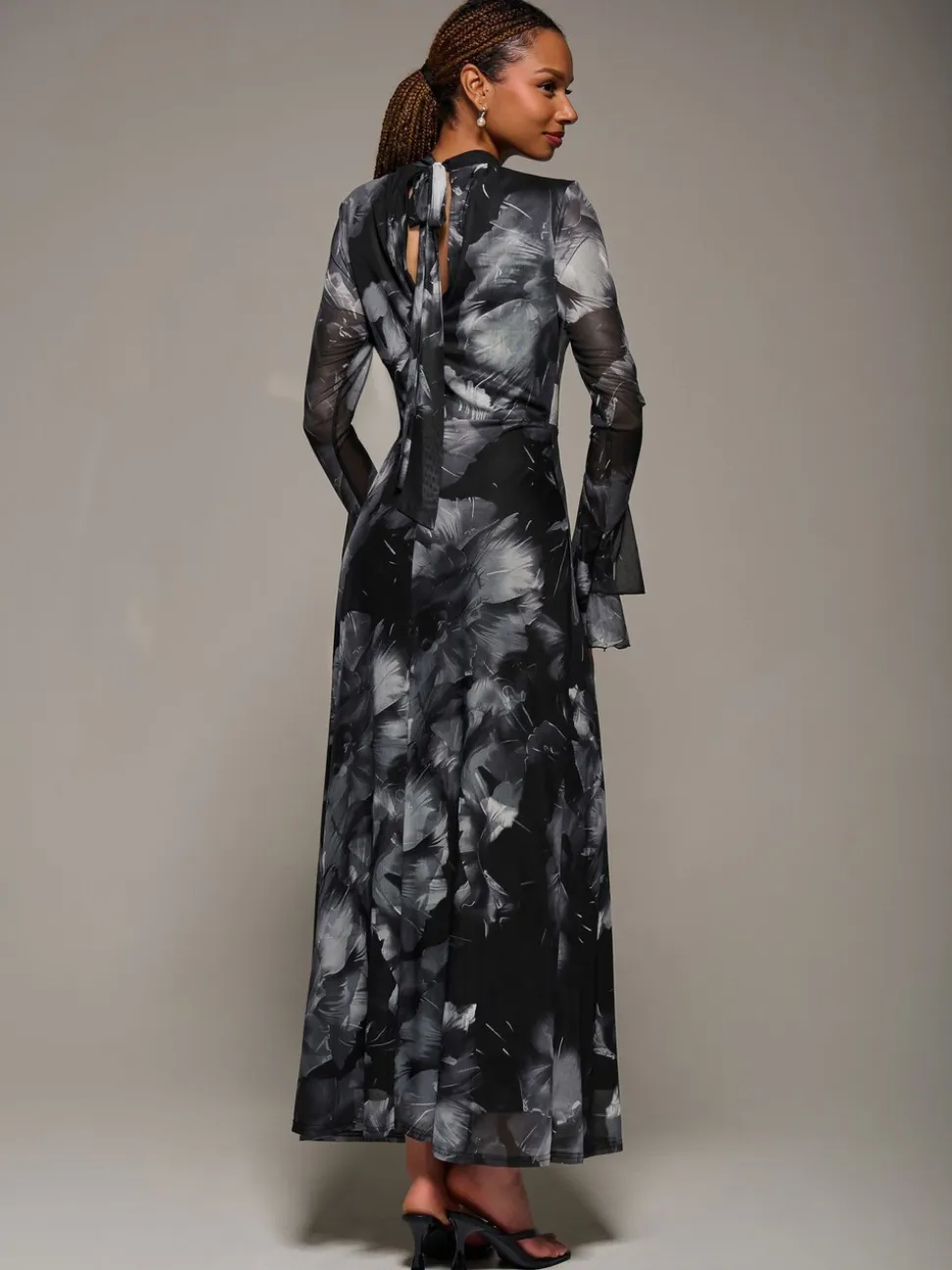Jolie Moi Black Ruffle Long Sleeve Mesh Maxi Dress