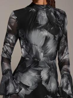 Jolie Moi Black Ruffle Long Sleeve Mesh Maxi Dress