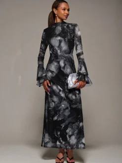 Jolie Moi Black Ruffle Long Sleeve Mesh Maxi Dress