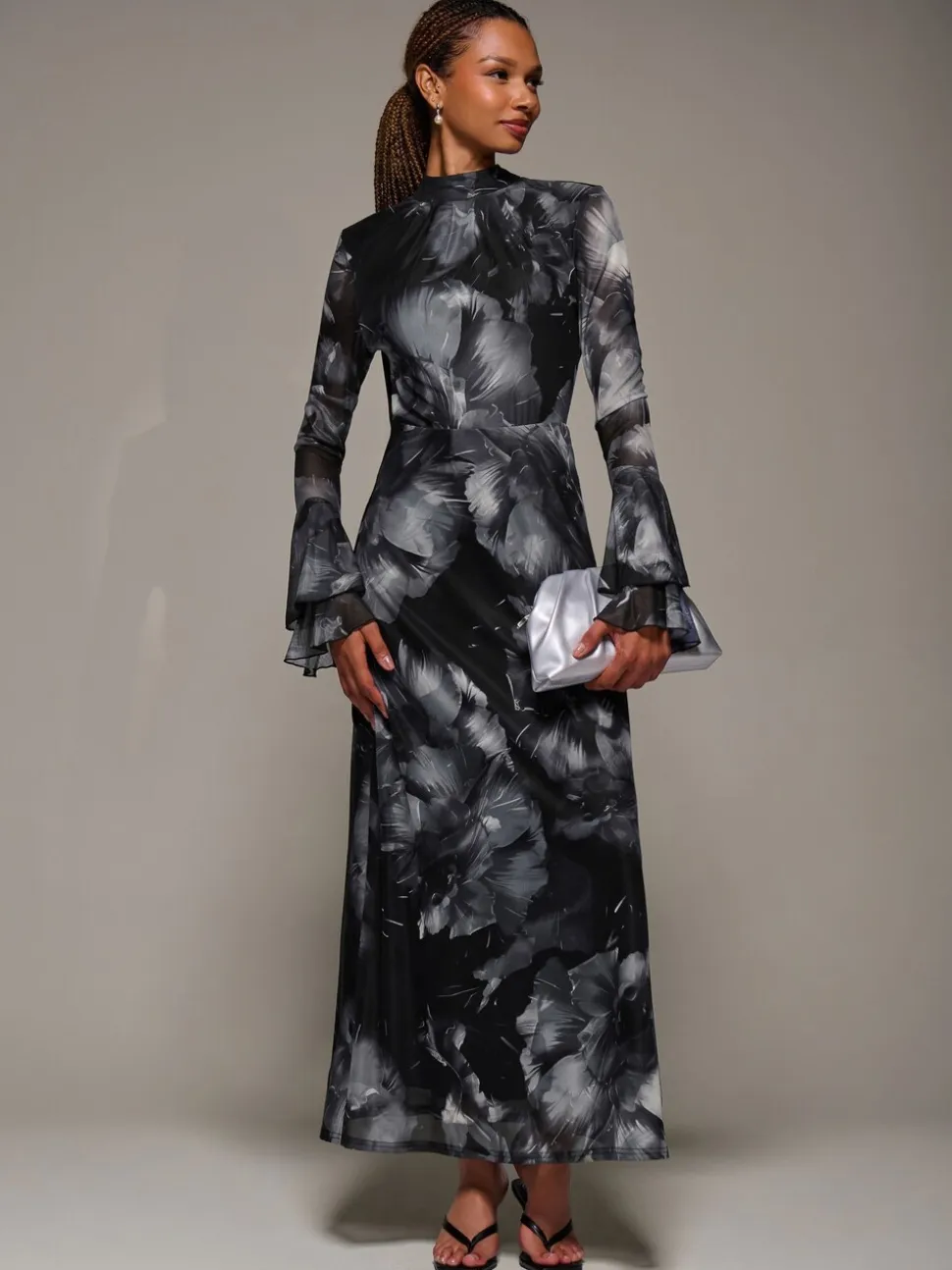 Jolie Moi Black Ruffle Long Sleeve Mesh Maxi Dress
