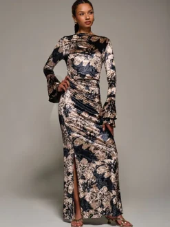 Jolie Moi Black Ruffle Sleeve Asymmetric Neck Velvet Maxi Dress