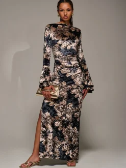 Jolie Moi Black Ruffle Sleeve Asymmetric Neck Velvet Maxi Dress