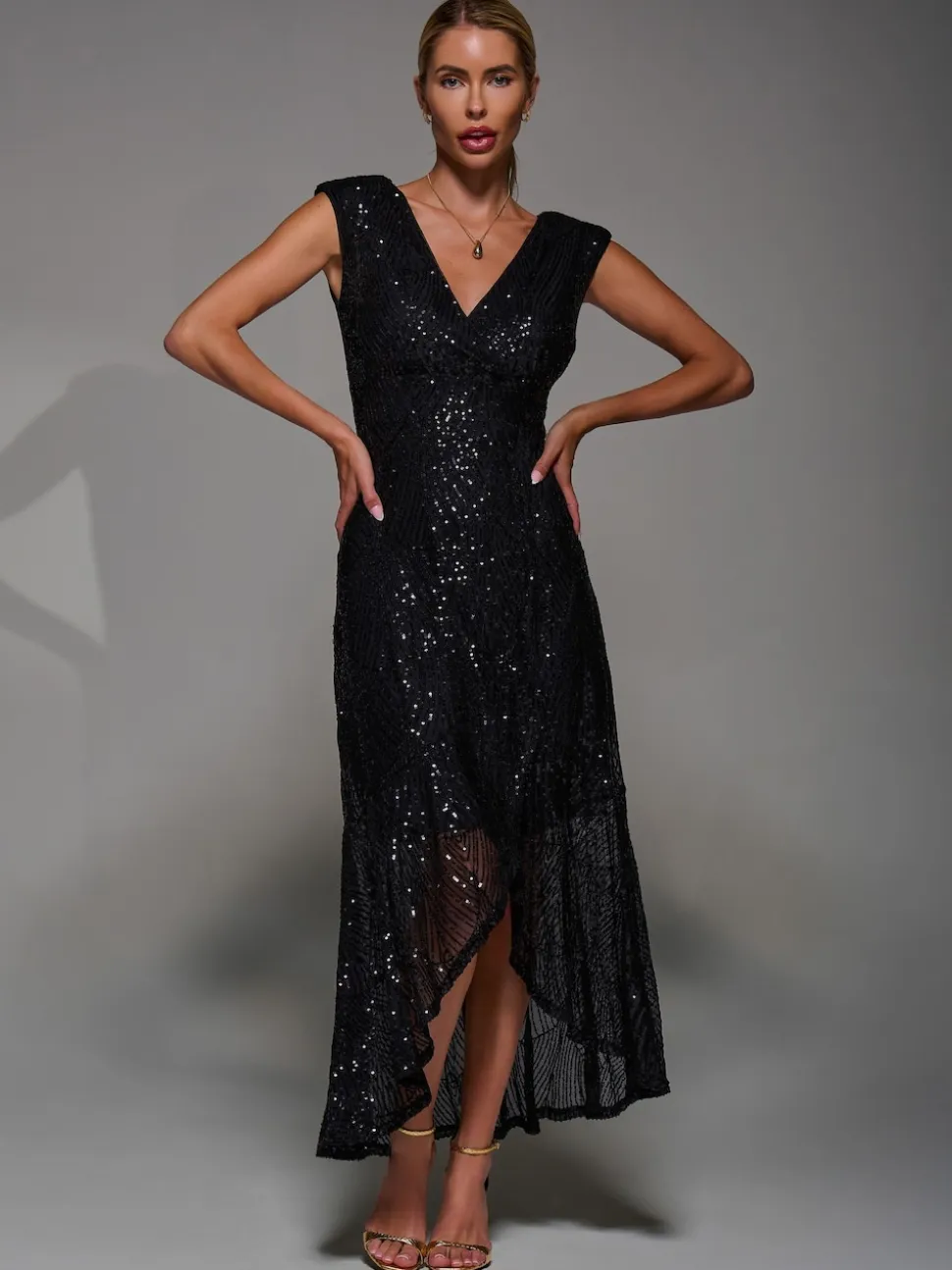 Jolie Moi Black Sequin Asymmetric Ruffle Hem Maxi Dress