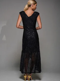 Jolie Moi Black Sequin Asymmetric Ruffle Hem Maxi Dress