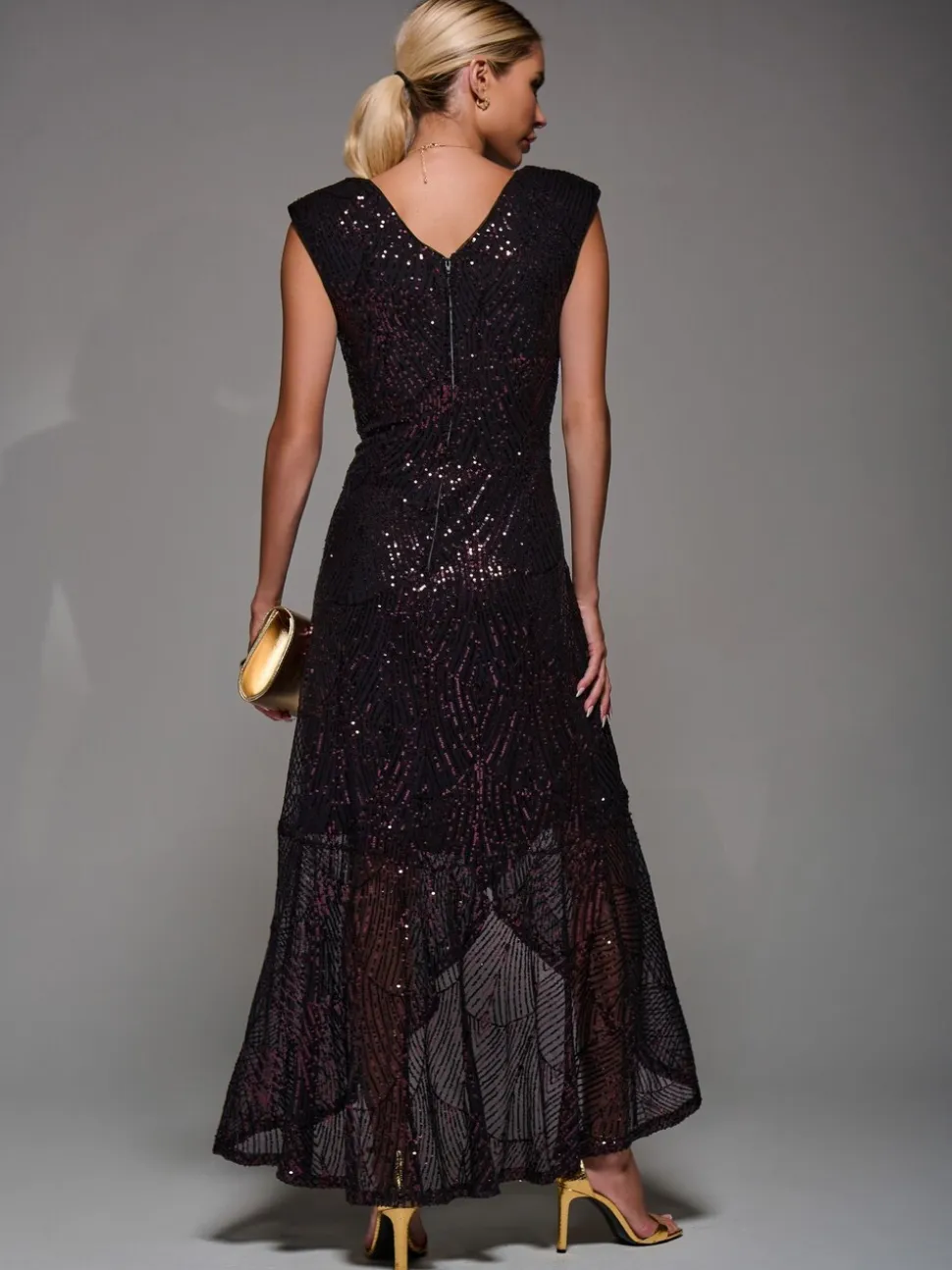 Jolie Moi Black/Red Sequin Asymmetric Ruffle Hem Maxi Dress