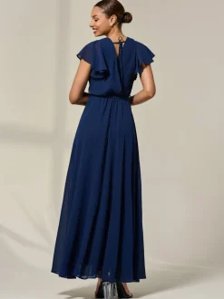 Jolie Moi Blue Chiffon Flutter Sleeve Maxi Dress