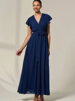 Jolie Moi Blue Chiffon Flutter Sleeve Maxi Dress