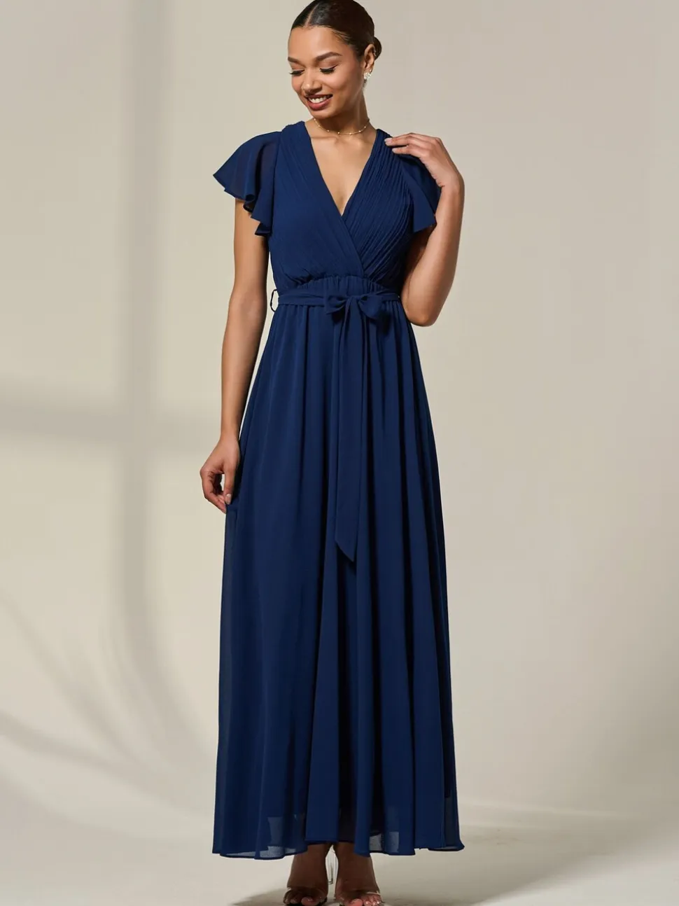Jolie Moi Blue Chiffon Flutter Sleeve Maxi Dress