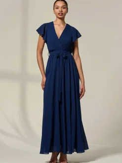 Jolie Moi Blue Chiffon Flutter Sleeve Maxi Dress