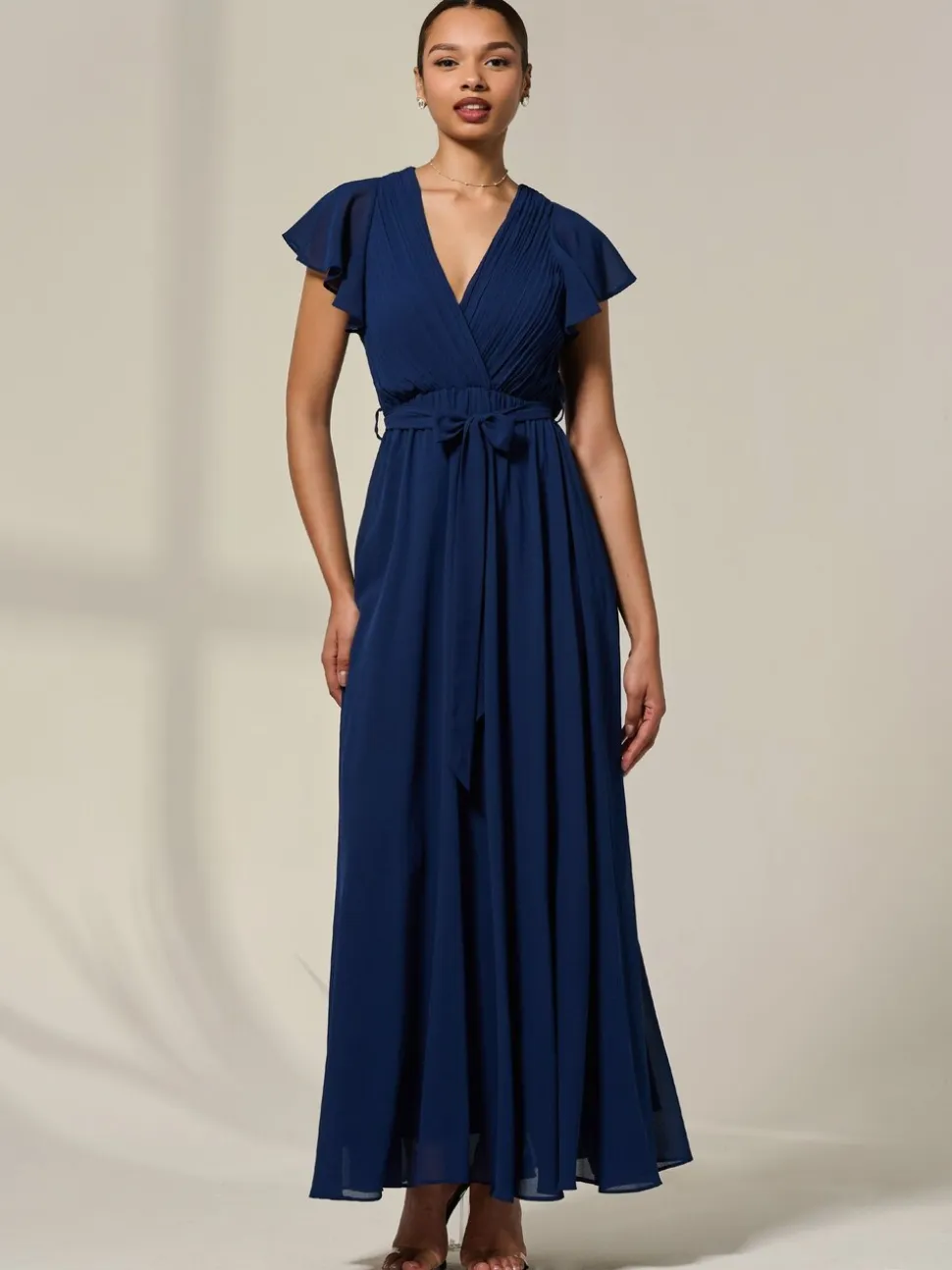 Jolie Moi Blue Chiffon Flutter Sleeve Maxi Dress