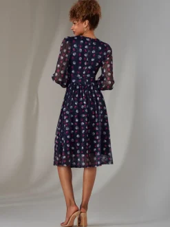 Jolie Moi Blue Dark Long Sleeve Lace Print Midi Dress