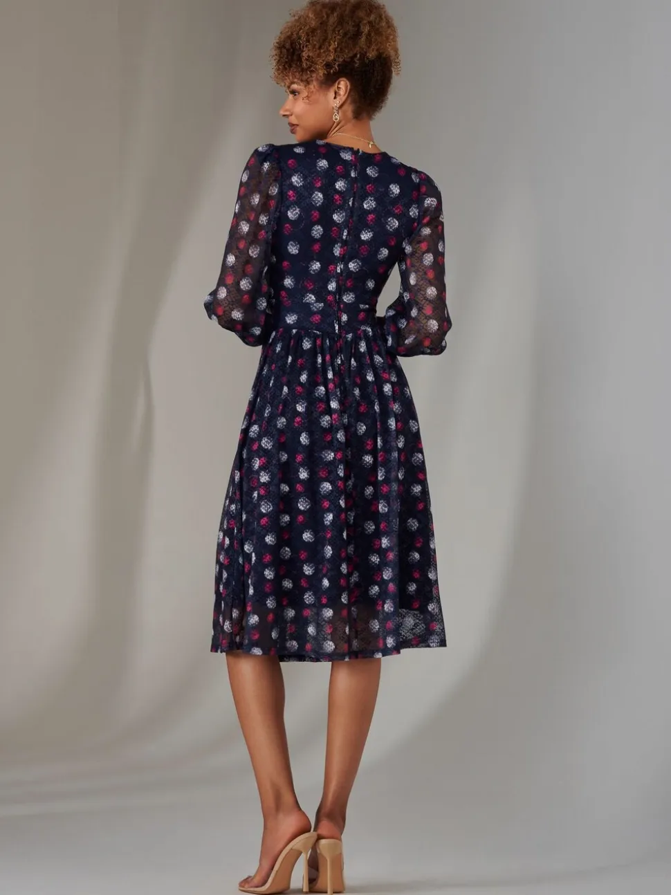 Jolie Moi Blue Dark Long Sleeve Lace Print Midi Dress