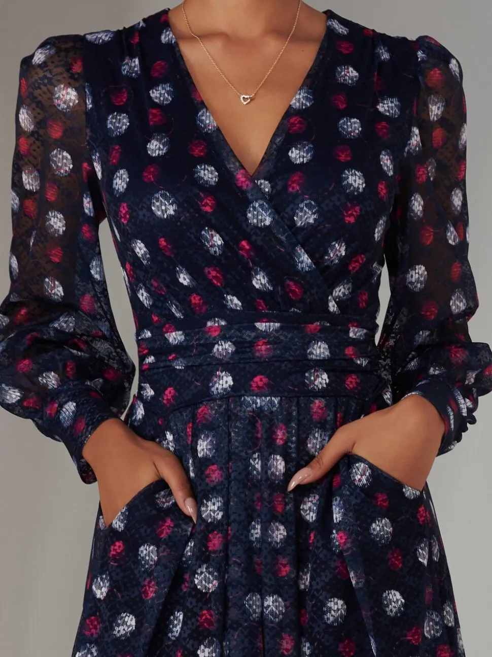 Jolie Moi Blue Dark Long Sleeve Lace Print Midi Dress