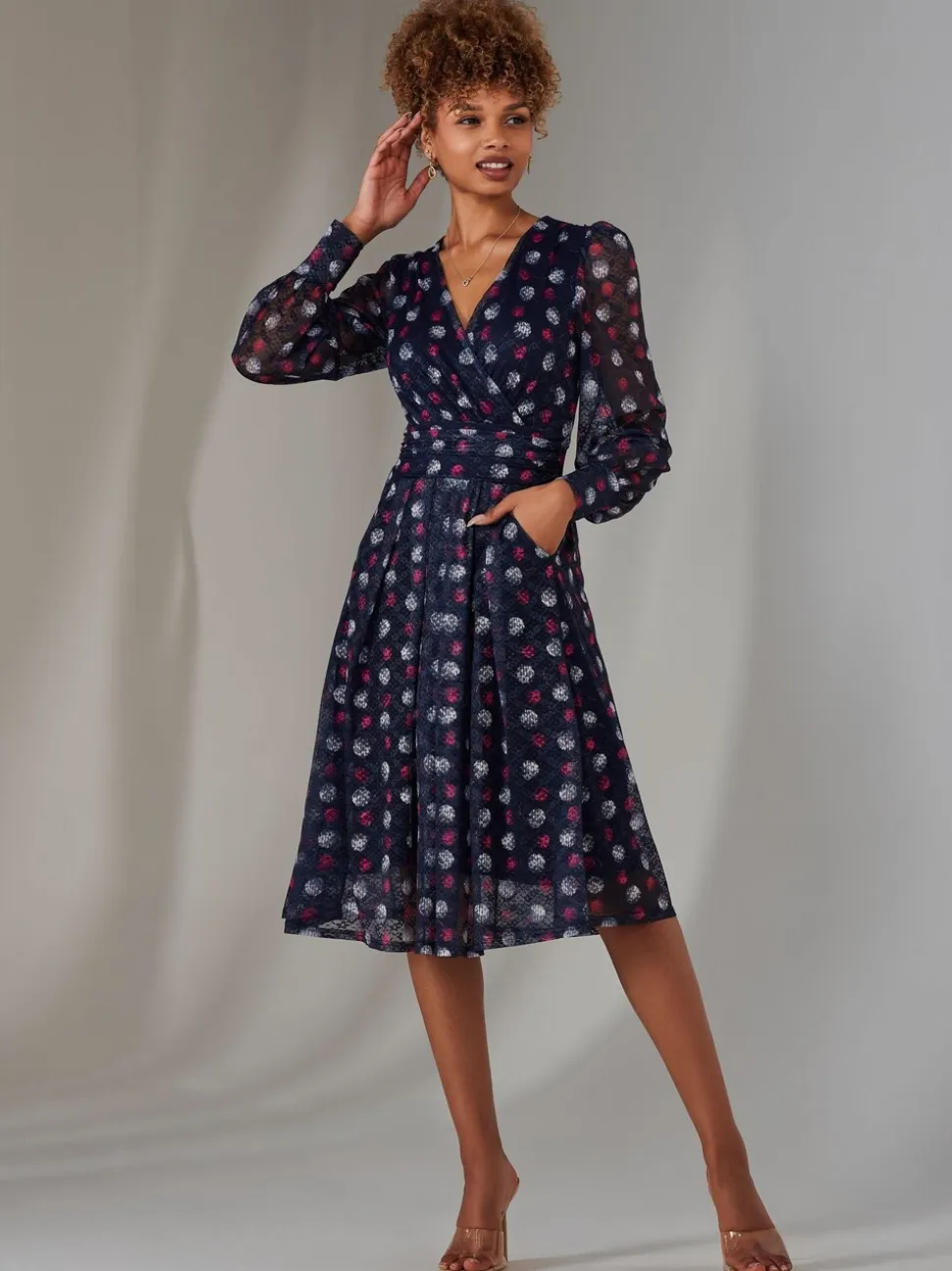 Jolie Moi Blue Dark Long Sleeve Lace Print Midi Dress