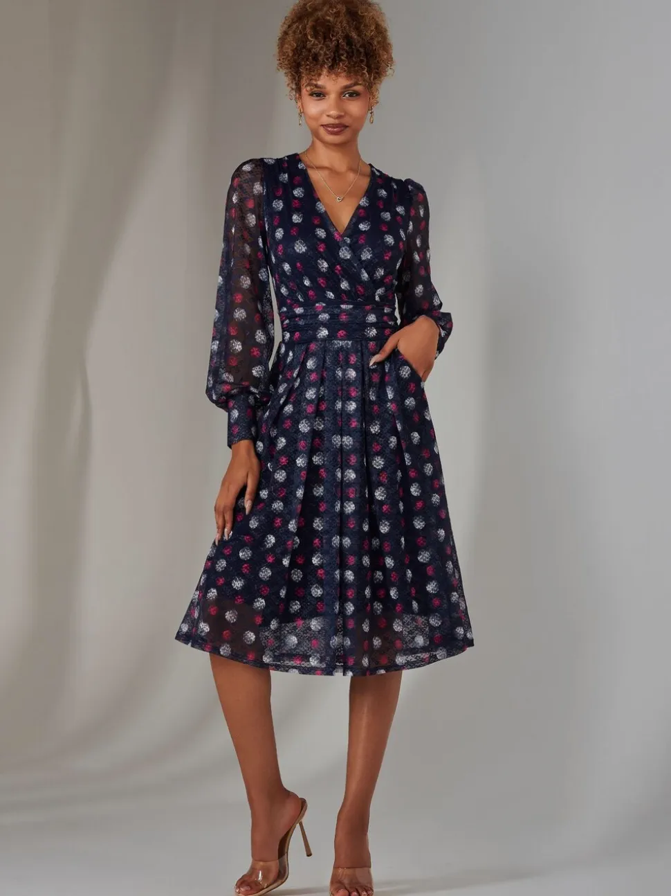 Jolie Moi Blue Dark Long Sleeve Lace Print Midi Dress