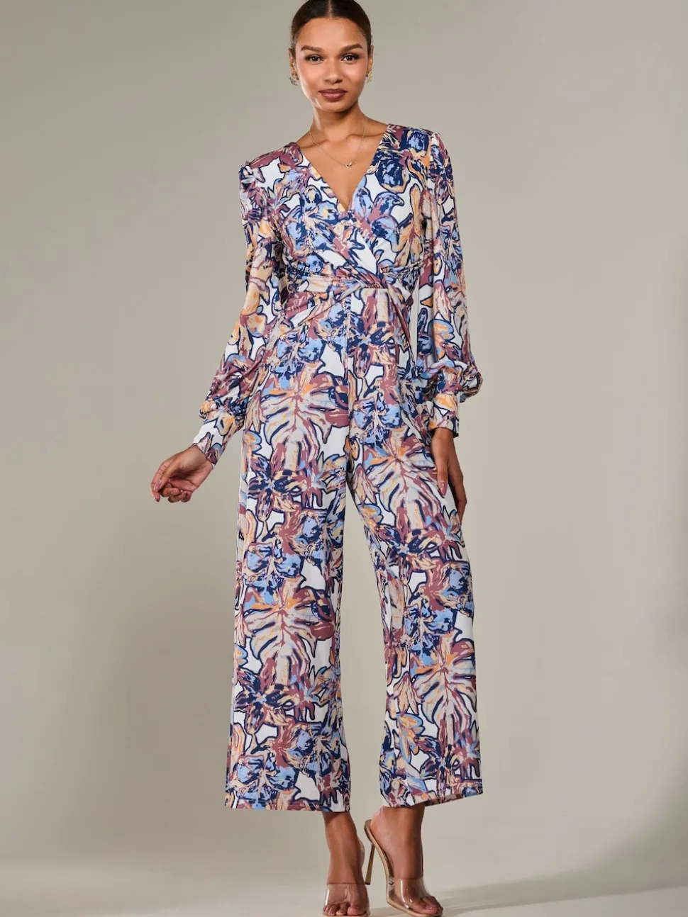 Jolie Moi Blue Jersey Wrap Front Long Sleeve Jumpsuit