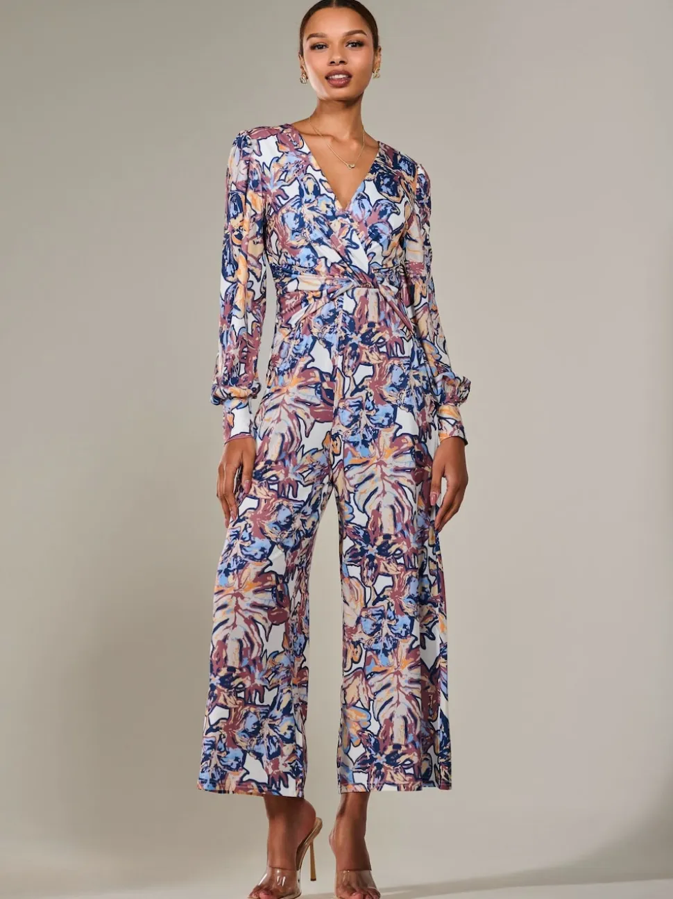 Jolie Moi Blue Jersey Wrap Front Long Sleeve Jumpsuit