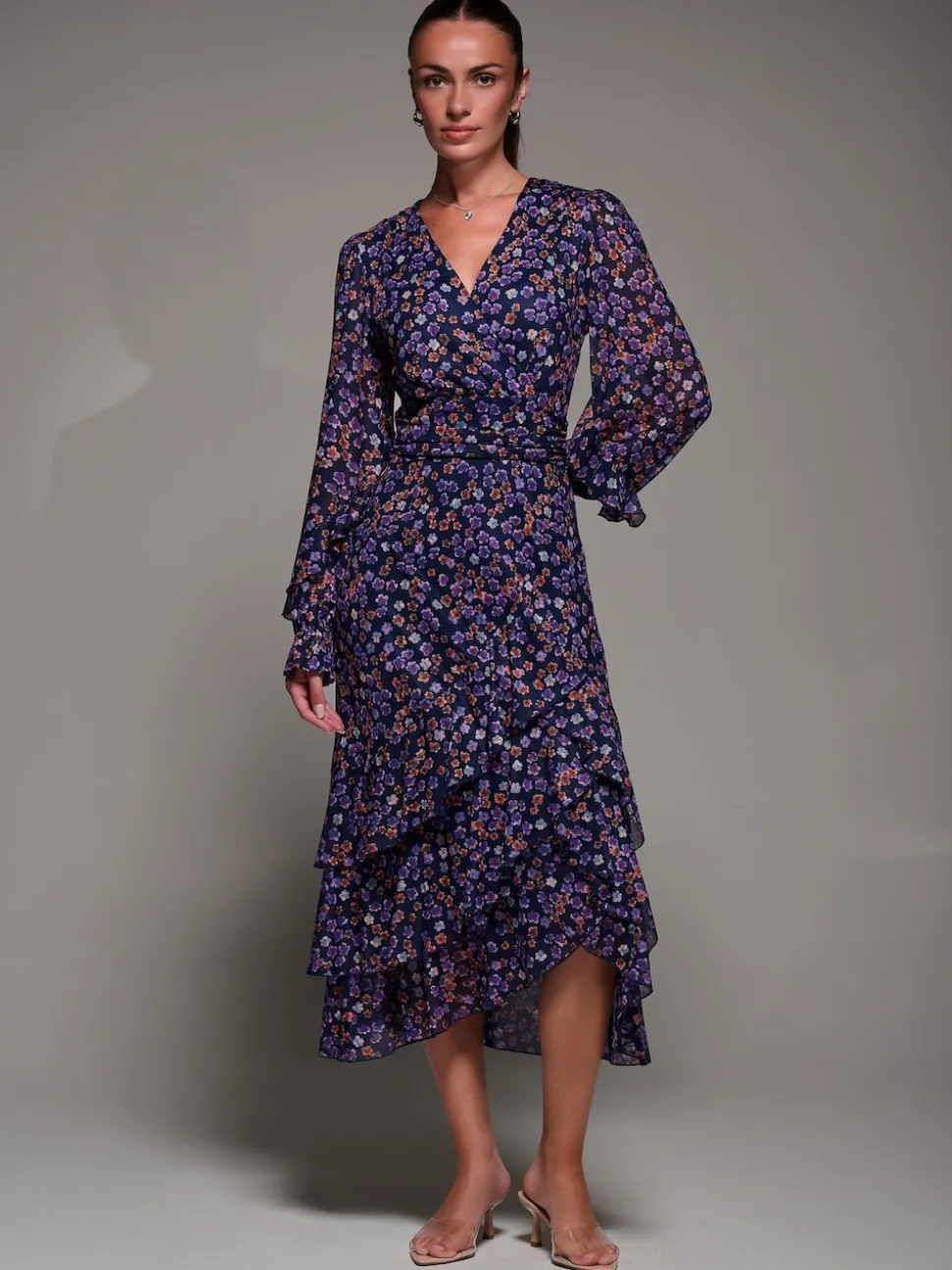 Jolie Moi Blue Long Sleeve Frill Detail Mesh Maxi Dress