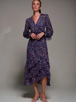 Jolie Moi Blue Long Sleeve Frill Detail Mesh Maxi Dress