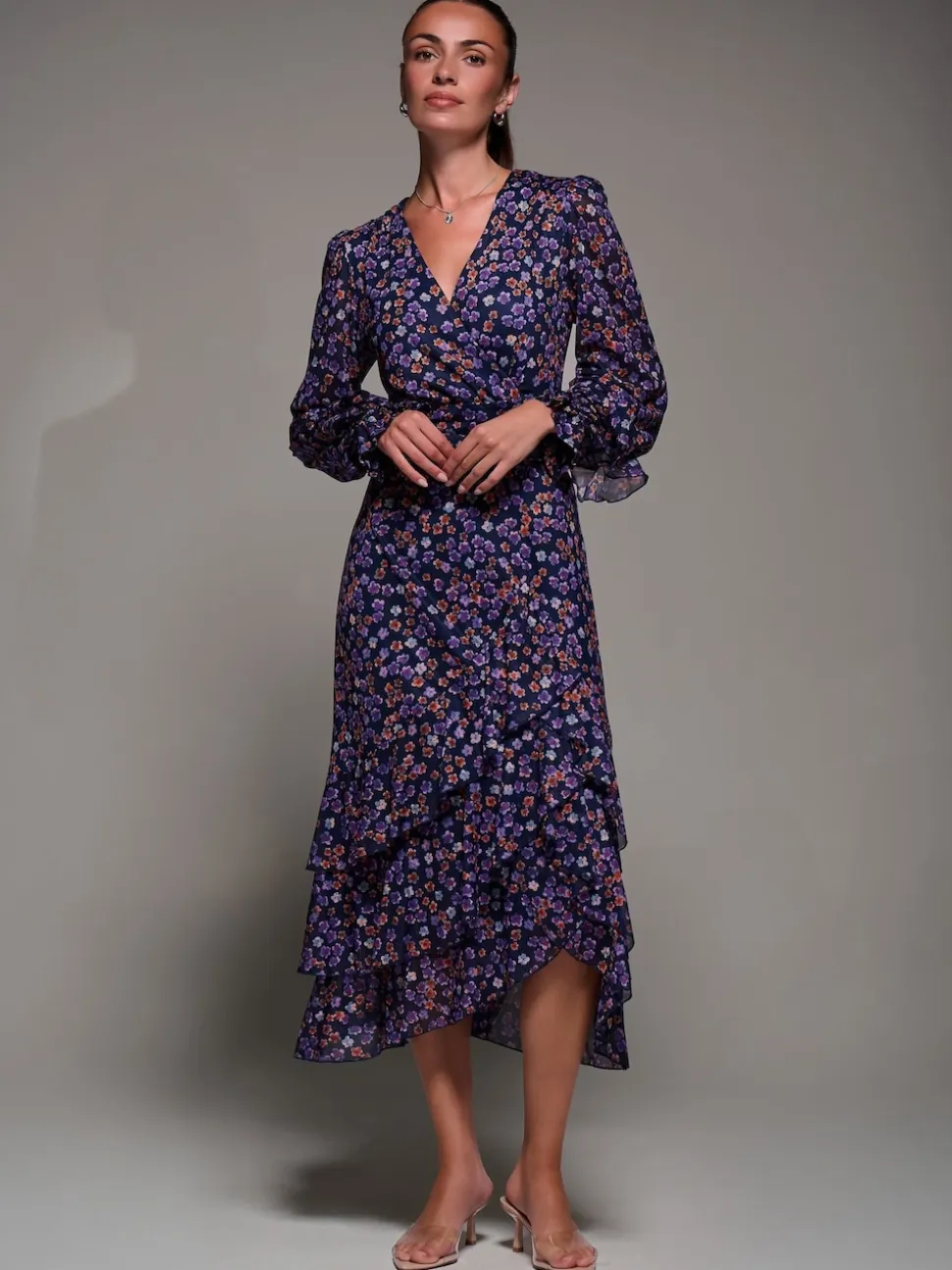 Jolie Moi Blue Long Sleeve Frill Detail Mesh Maxi Dress