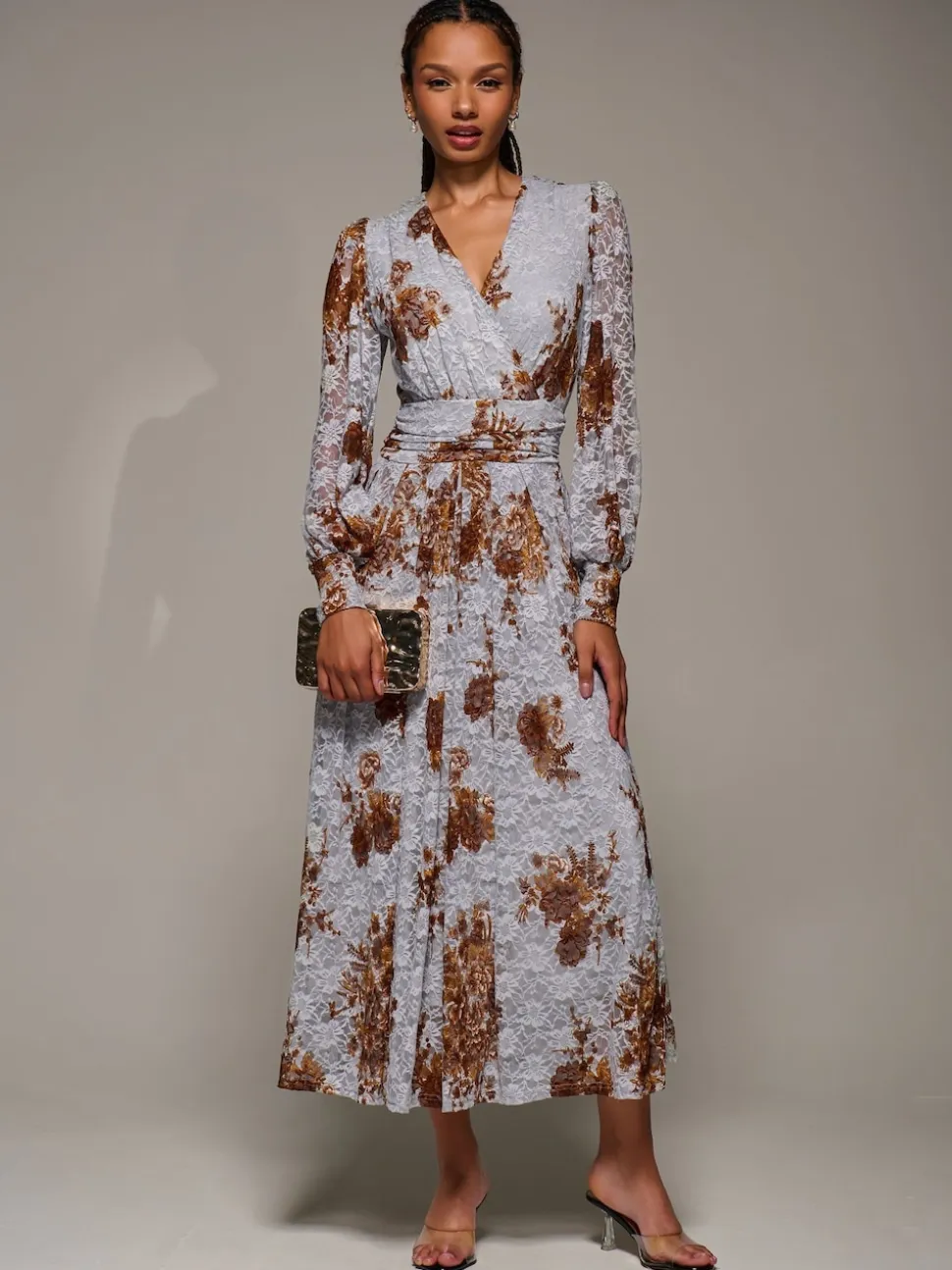 Jolie Moi Blue Long Sleeve Printed Lace Midaxi Dress