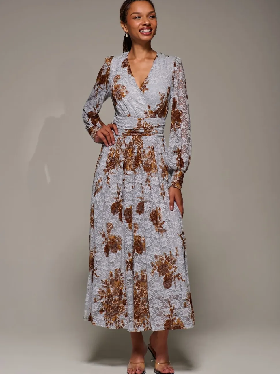 Jolie Moi Blue Long Sleeve Printed Lace Midaxi Dress