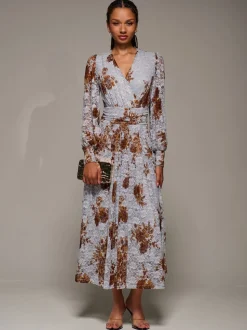 Jolie Moi Blue Long Sleeve Printed Lace Midaxi Dress