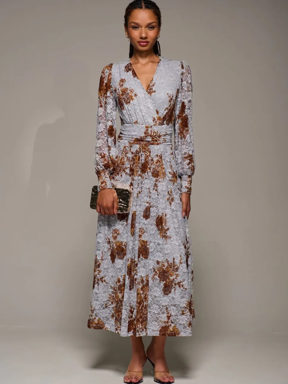 Jolie Moi Blue Long Sleeve Printed Lace Midaxi Dress