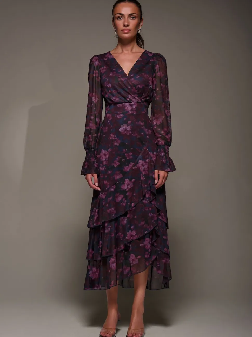 Jolie Moi Blue Long Sleeve Ruffle Hem Mesh Maxi Dress
