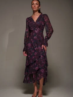 Jolie Moi Blue Long Sleeve Ruffle Hem Mesh Maxi Dress