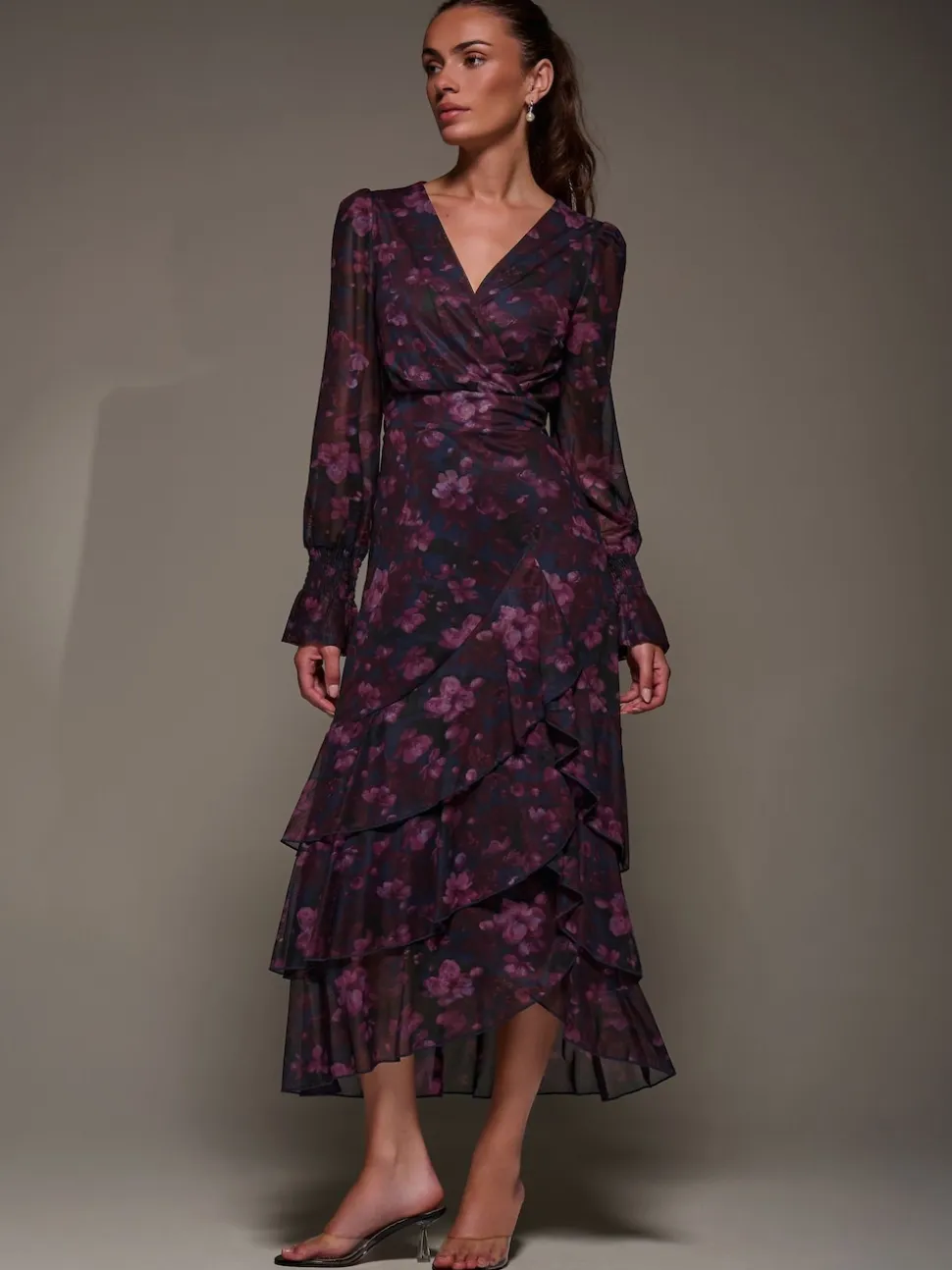 Jolie Moi Blue Long Sleeve Ruffle Hem Mesh Maxi Dress
