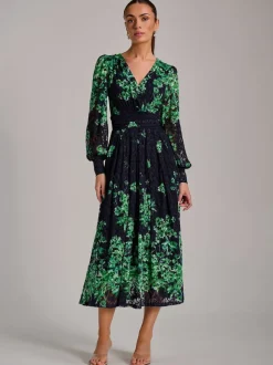 Jolie Moi Blue Long Sleeve Print Lace Maxi Dress