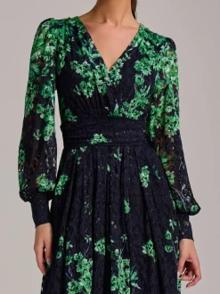 Jolie Moi Blue Long Sleeve Print Lace Maxi Dress