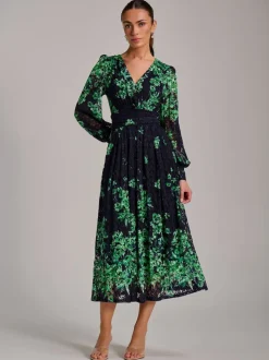 Jolie Moi Blue Long Sleeve Print Lace Maxi Dress