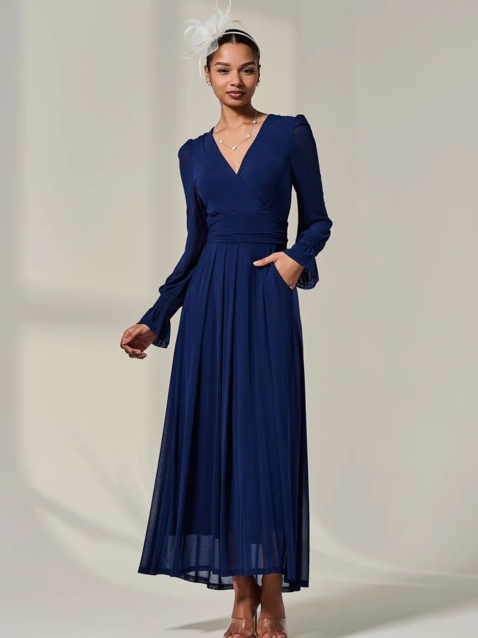 Jolie Moi Blue Long Sleeve Mesh Maxi Dress